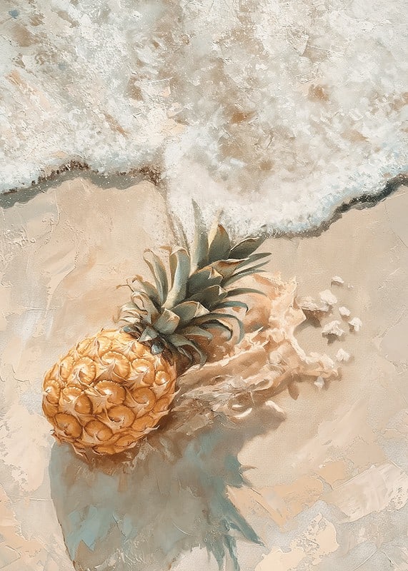 Een poster van een gouden ananas op een door de zon verwarmd strand, omarmd door zachte oceaan golven-12