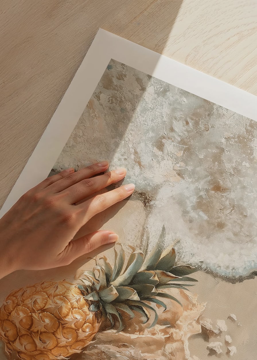 Een poster van een gouden ananas op een door de zon verwarmd strand, omarmd door zachte oceaan golven-12