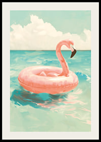A poster of a pink flamingo swimming ring floating on a turquoise sea under a sunny sky-2
