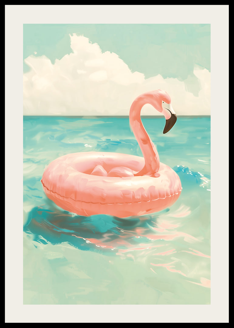 A poster of a pink flamingo swimming ring floating on a turquoise sea under a sunny sky-12