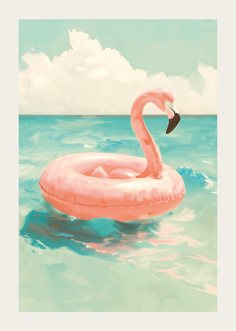 A poster of a pink flamingo swimming ring floating on a turquoise sea under a sunny sky-12
