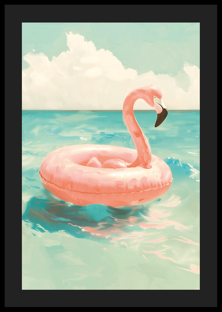 A poster of a pink flamingo swimming ring floating on a turquoise sea under a sunny sky-12