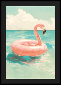En poster av en rosa flamingo-badring som flyter på ett turkost hav under en solig himmel-4
