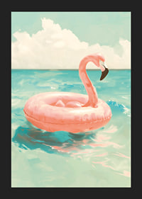 A poster of a pink flamingo swimming ring floating on a turquoise sea under a sunny sky-5