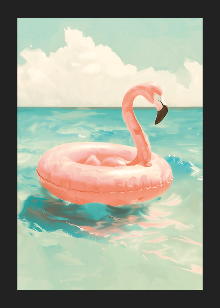 A poster of a pink flamingo swimming ring floating on a turquoise sea under a sunny sky-12
