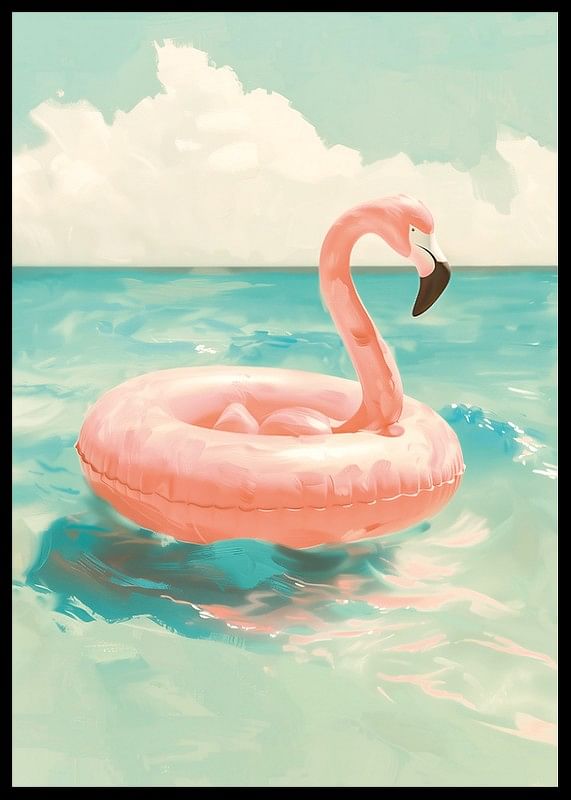 Un poster cu un inel de înot flamingo roz plutind pe o mare turcoaz sub un cer însorit-12