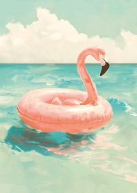 A poster of a pink flamingo swimming ring floating on a turquoise sea under a sunny sky-7