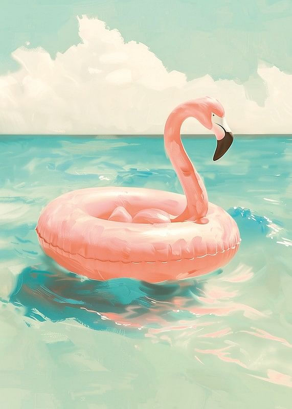 Un poster cu un inel de înot flamingo roz plutind pe o mare turcoaz sub un cer însorit-12