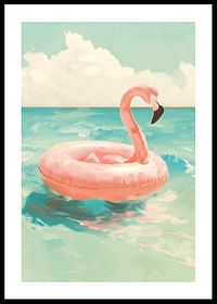 Un poster cu un inel de înot flamingo roz plutind pe o mare turcoaz sub un cer însorit-0