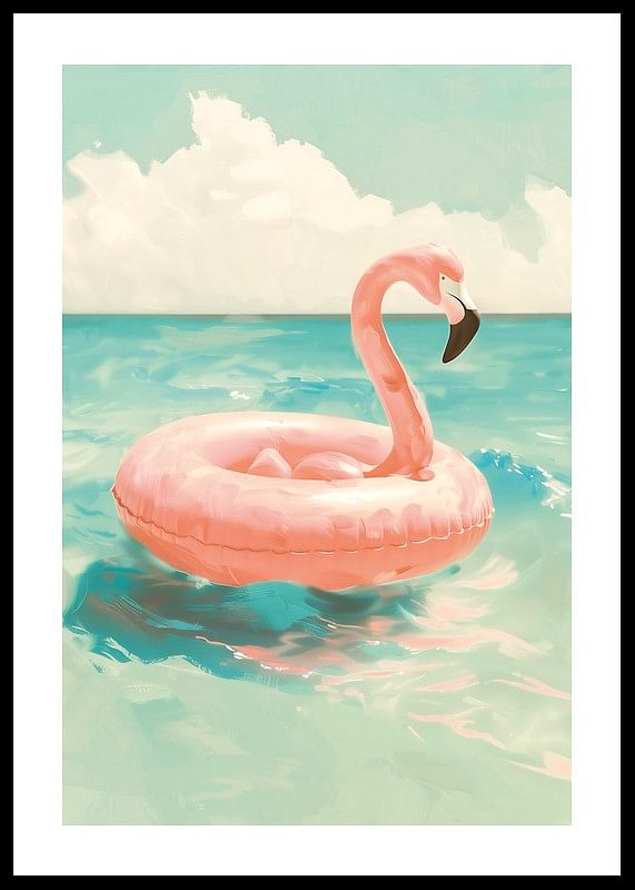 Un poster cu un inel de înot flamingo roz plutind pe o mare turcoaz sub un cer însorit-12