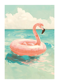 A poster of a pink flamingo swimming ring floating on a turquoise sea under a sunny sky-1