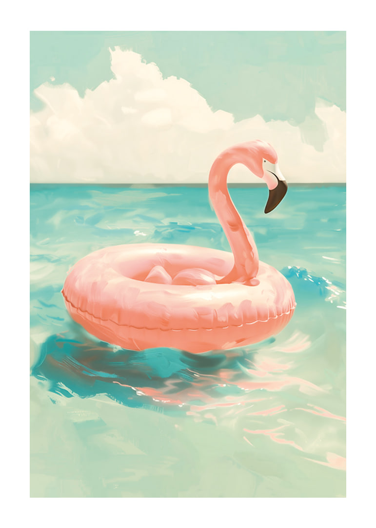 A poster of a pink flamingo swimming ring floating on a turquoise sea under a sunny sky-12