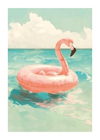 Un poster cu un inel de înot flamingo roz plutind pe o mare turcoaz sub un cer însorit-1