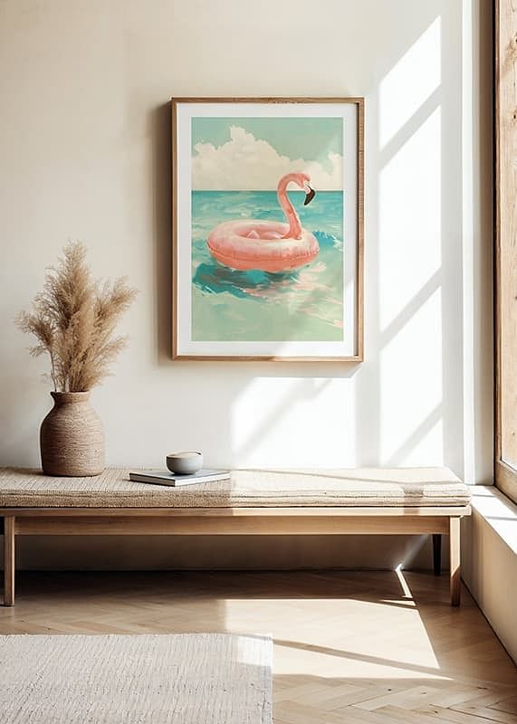 Un poster cu un inel de înot flamingo roz plutind pe o mare turcoaz sub un cer însorit-12