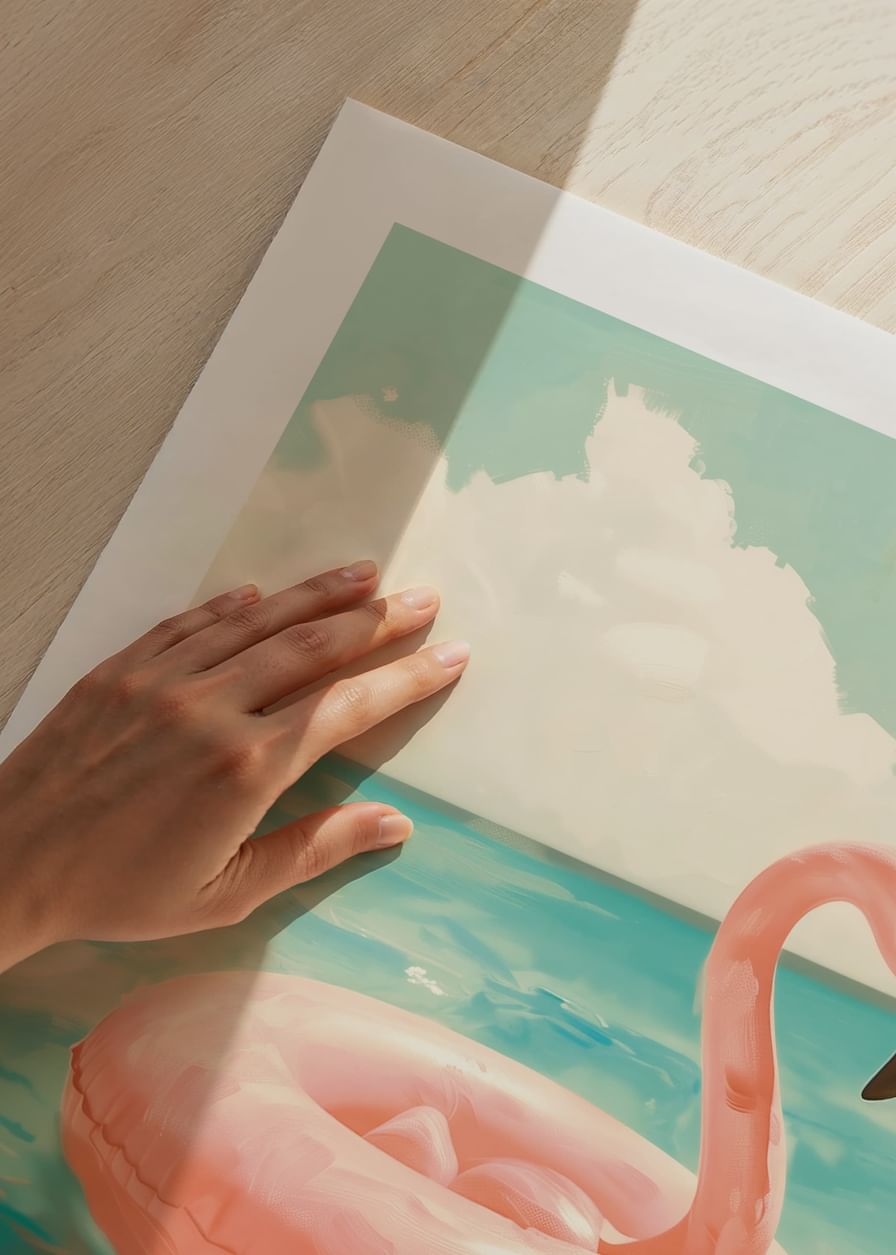 Un poster cu un inel de înot flamingo roz plutind pe o mare turcoaz sub un cer însorit-12