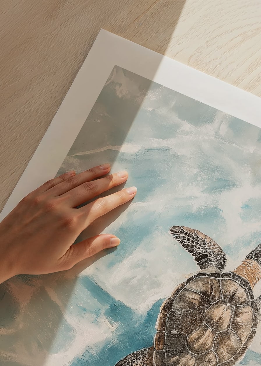 A poster of a sea turtle gliding through crystal clear water-12