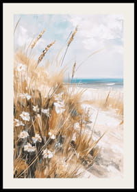 En poster av en solig strand med vajande gräs, vilda blommor och ett glittrande hav i bakgrunden-2