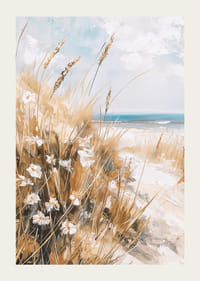 En poster av en solig strand med vajande gräs, vilda blommor och ett glittrande hav i bakgrunden-3