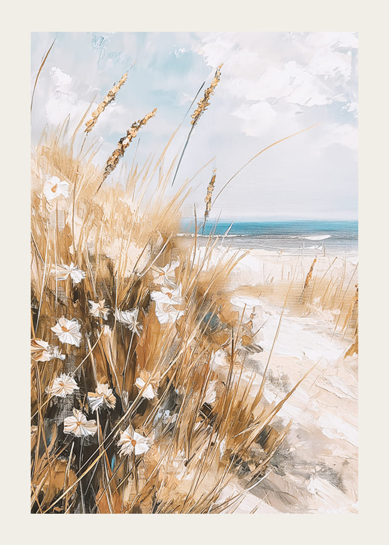 En poster av en solig strand med vajande gräs, vilda blommor och ett glittrande hav i bakgrunden-12