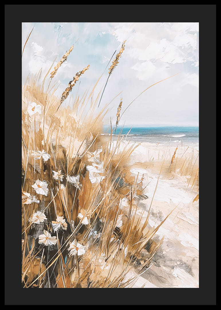 En poster av en solig strand med vajande gräs, vilda blommor och ett glittrande hav i bakgrunden-12