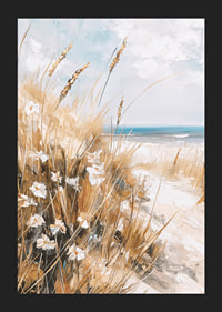 Un poster di una spiaggia assolata con erba ondeggiante, fiori selvatici e un oceano scintillante sullo sfondo-5
