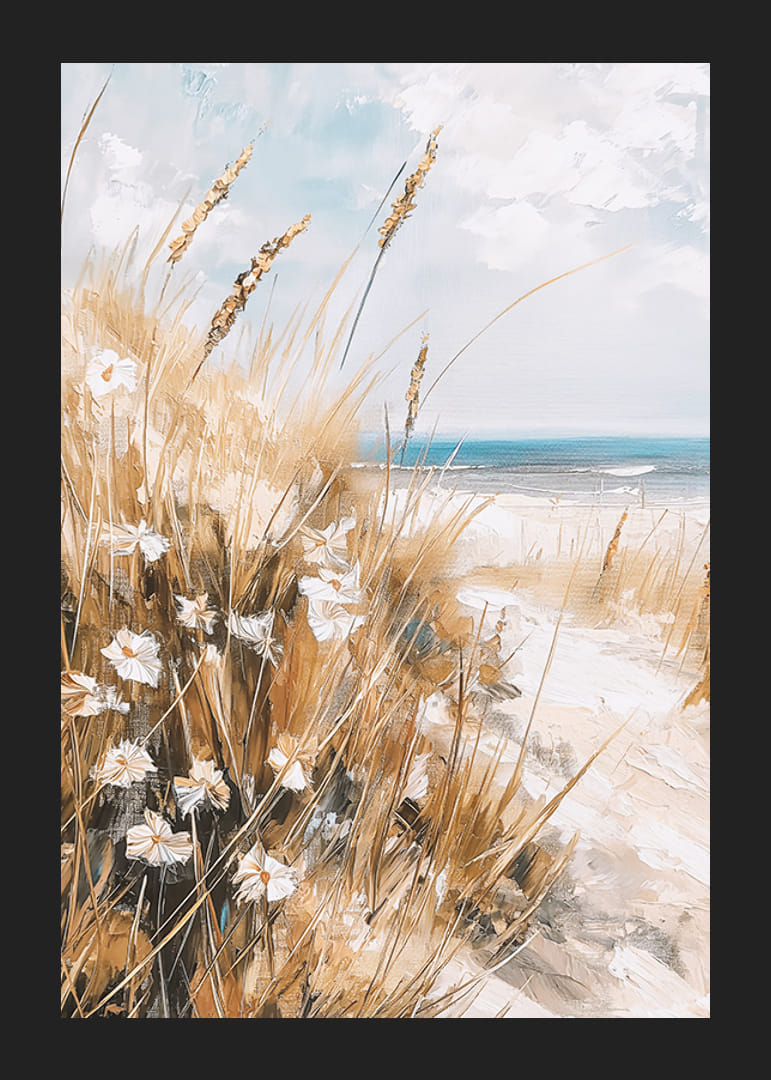 En poster av en solig strand med vajande gräs, vilda blommor och ett glittrande hav i bakgrunden-12
