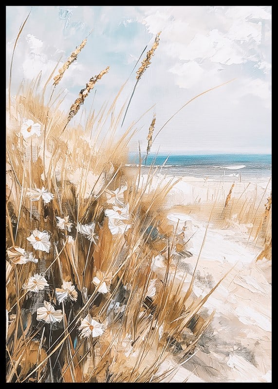 Un poster di una spiaggia assolata con erba ondeggiante, fiori selvatici e un oceano scintillante sullo sfondo-12