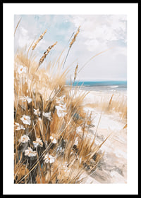 Un poster di una spiaggia assolata con erba ondeggiante, fiori selvatici e un oceano scintillante sullo sfondo-0