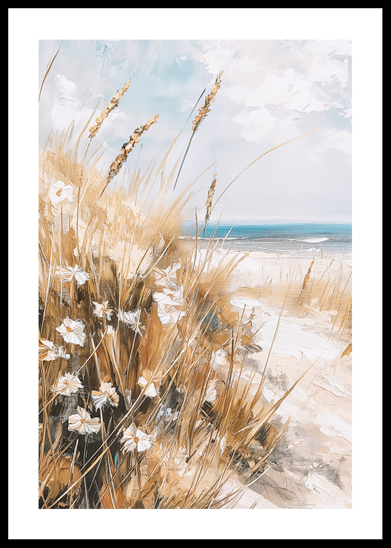 Un poster di una spiaggia assolata con erba ondeggiante, fiori selvatici e un oceano scintillante sullo sfondo-12