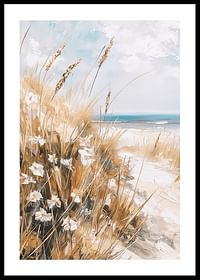 Un poster cu o plajă însorită cu iarbă ondulată, flori sălbatice și un ocean strălucitor în fundal-0