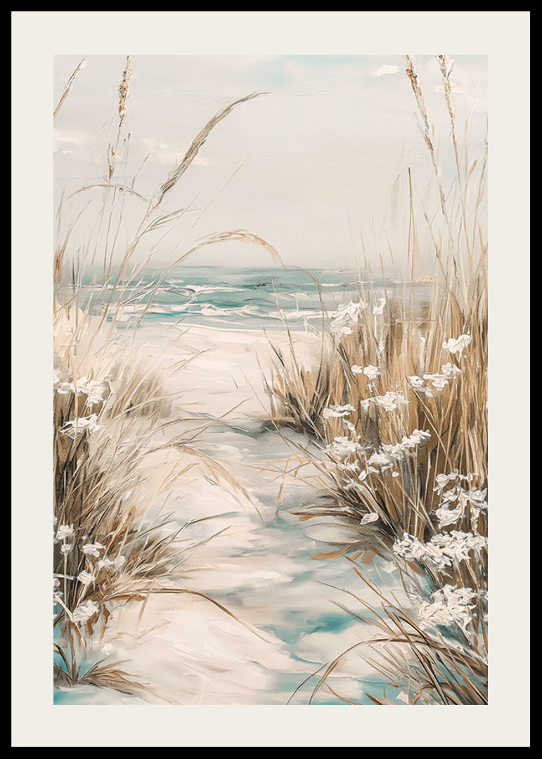 A poster of a sandy path leading to the sea, surrounded by swaying grass and wildflowers-12