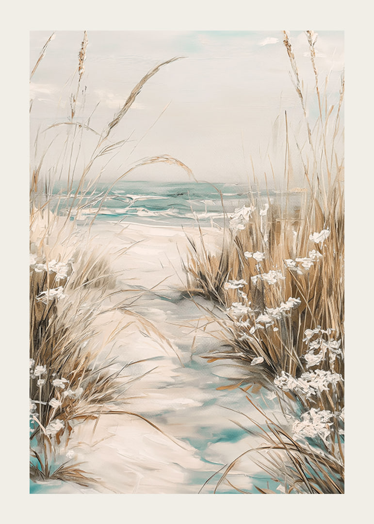 A poster of a sandy path leading to the sea, surrounded by swaying grass and wildflowers-12