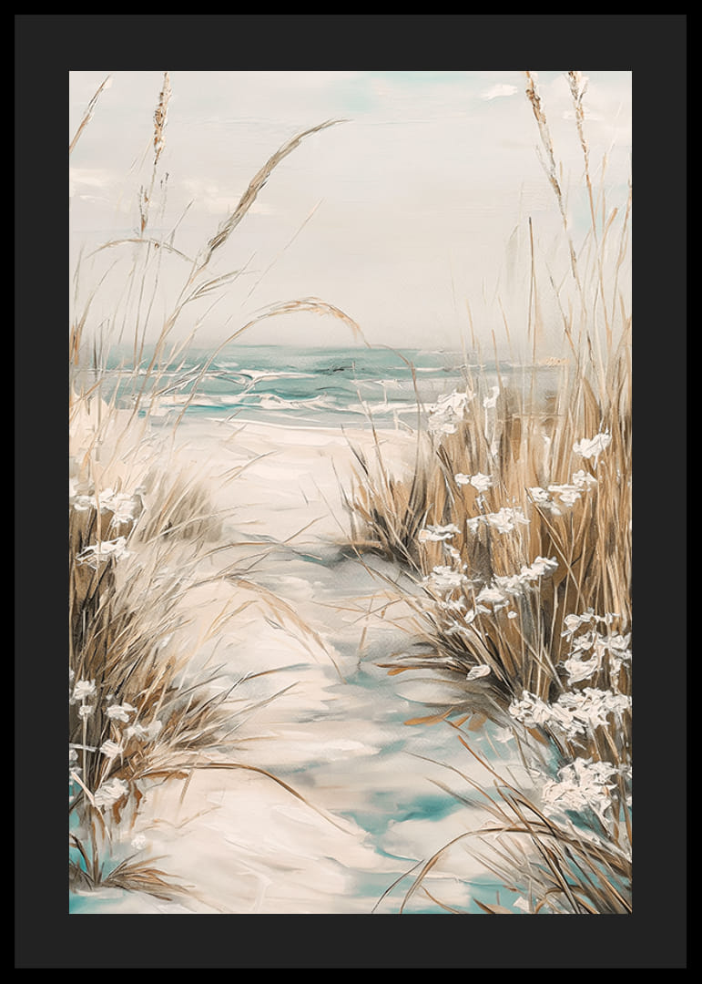 En poster av en sandstig som leder till havet, omgiven av vajande gräs och vilda blommor-12