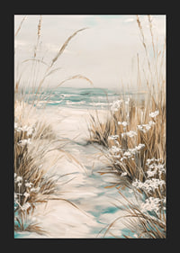 A poster of a sandy path leading to the sea, surrounded by swaying grass and wildflowers-5