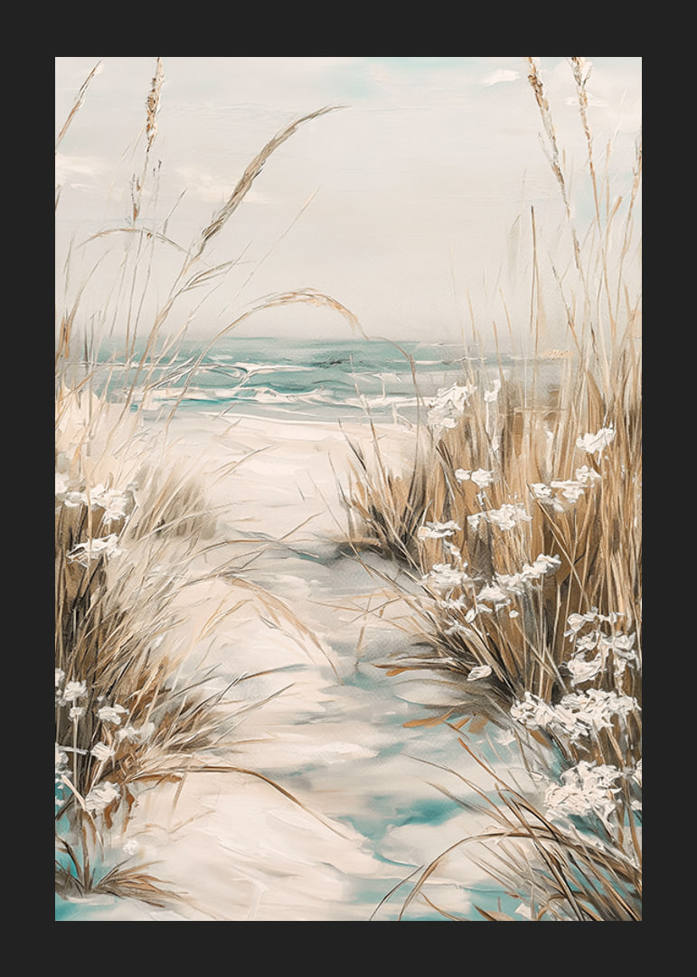A poster of a sandy path leading to the sea, surrounded by swaying grass and wildflowers-12