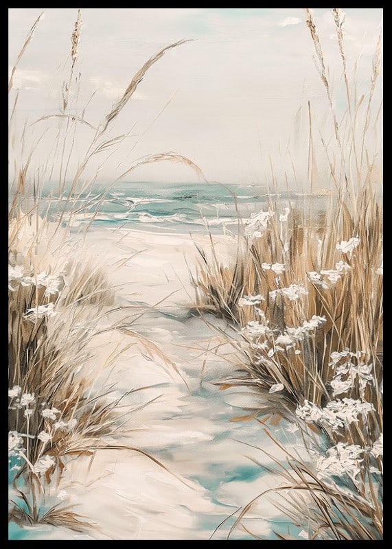 A poster of a sandy path leading to the sea, surrounded by swaying grass and wildflowers-12