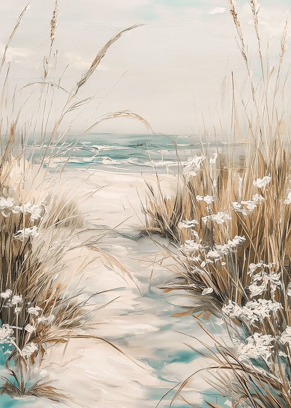 A poster of a sandy path leading to the sea, surrounded by swaying grass and wildflowers-12