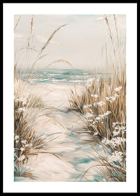 A poster of a sandy path leading to the sea, surrounded by swaying grass and wildflowers-0
