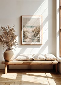 A poster of a sandy path leading to the sea, surrounded by swaying grass and wildflowers-8