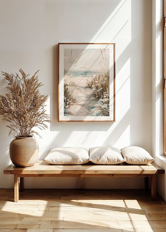 A poster of a sandy path leading to the sea, surrounded by swaying grass and wildflowers-12