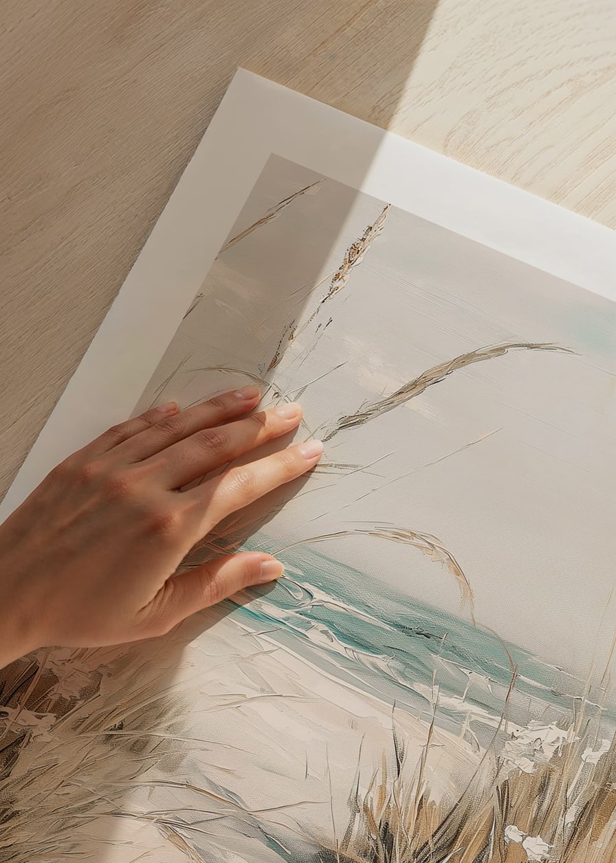 A poster of a sandy path leading to the sea, surrounded by swaying grass and wildflowers-12