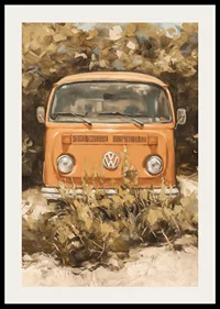 En poster av en klassisk orange folkabuss, omgiven av vildvuxen natur-2
