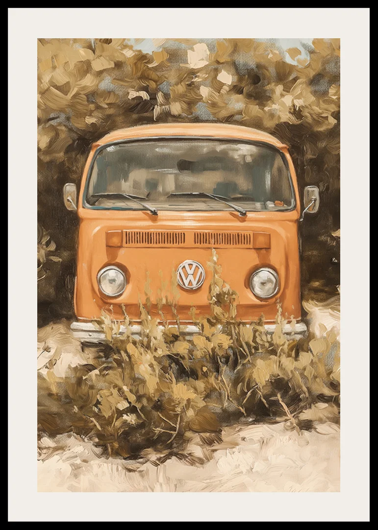 En poster av en klassisk orange folkabuss, omgiven av vildvuxen natur-12