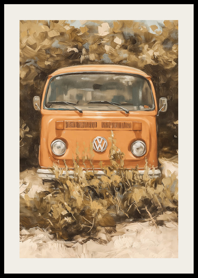 En plakat av en klassisk oransje folkebuss, omgitt av vill natur-12