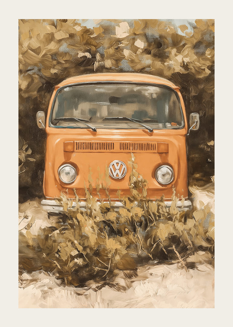 En plakat av en klassisk oransje folkebuss, omgitt av vill natur-12