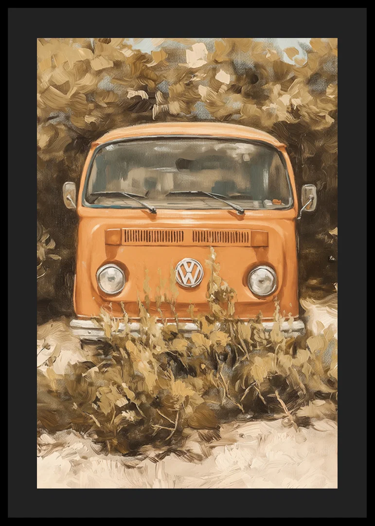 En poster av en klassisk orange folkabuss, omgiven av vildvuxen natur-12