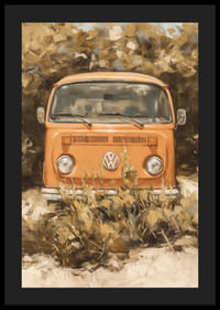 En plakat av en klassisk oransje folkebuss, omgitt av vill natur-4