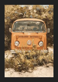 En poster av en klassisk orange folkabuss, omgiven av vildvuxen natur-5