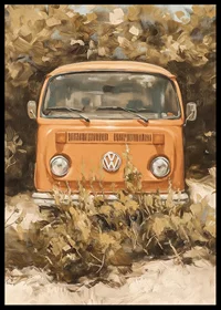 En poster av en klassisk orange folkabuss, omgiven av vildvuxen natur-6