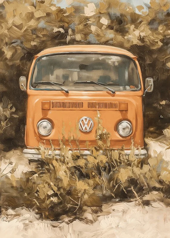 En poster av en klassisk orange folkabuss, omgiven av vildvuxen natur-12